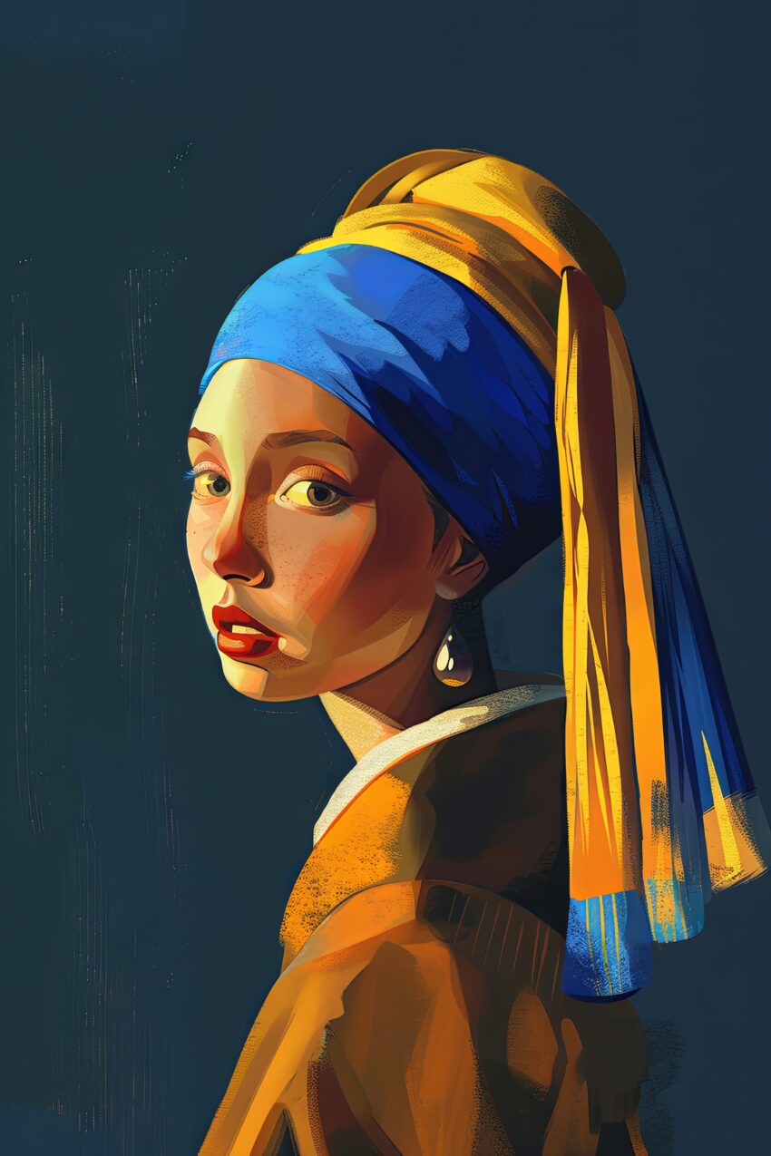 Digitale Kunst Poster Mädchen Perlenohrring blau-gelb