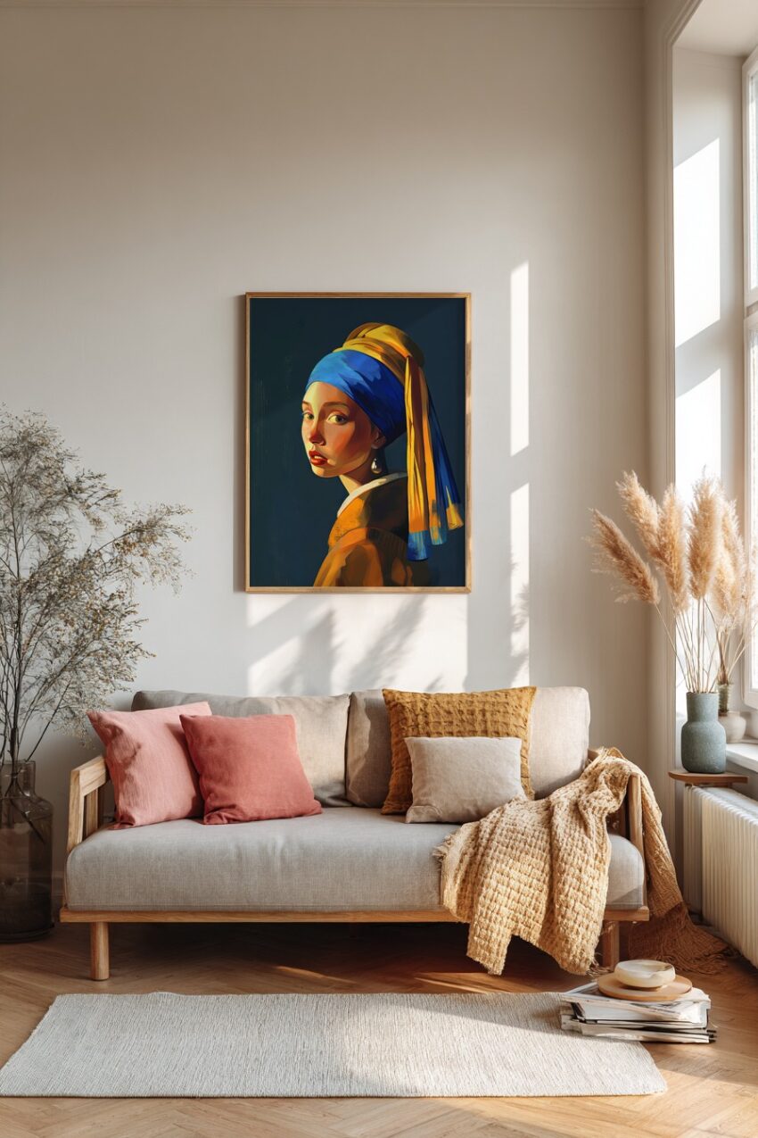 Digitale Kunst Poster Mädchen Perlenohrring blau-gelb