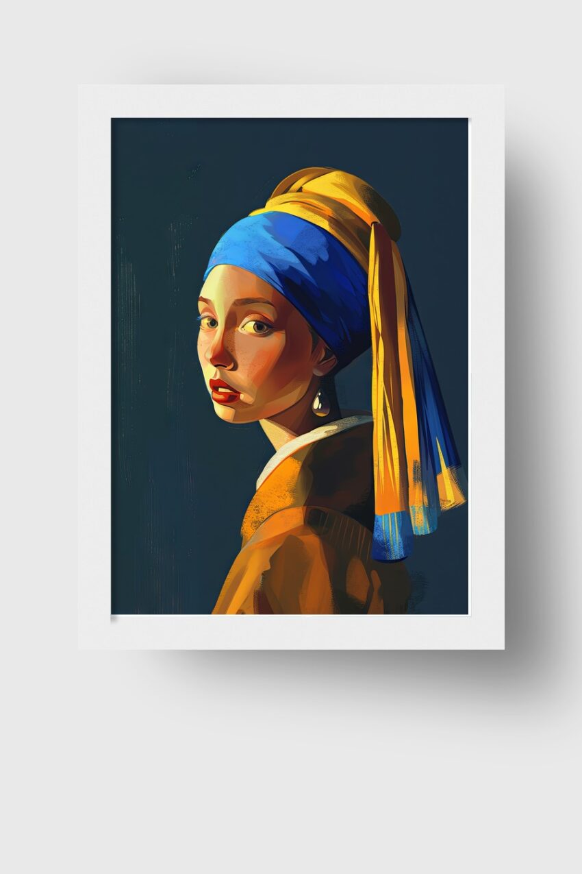 Digitale Kunst Poster Mädchen Perlenohrring blau-gelb