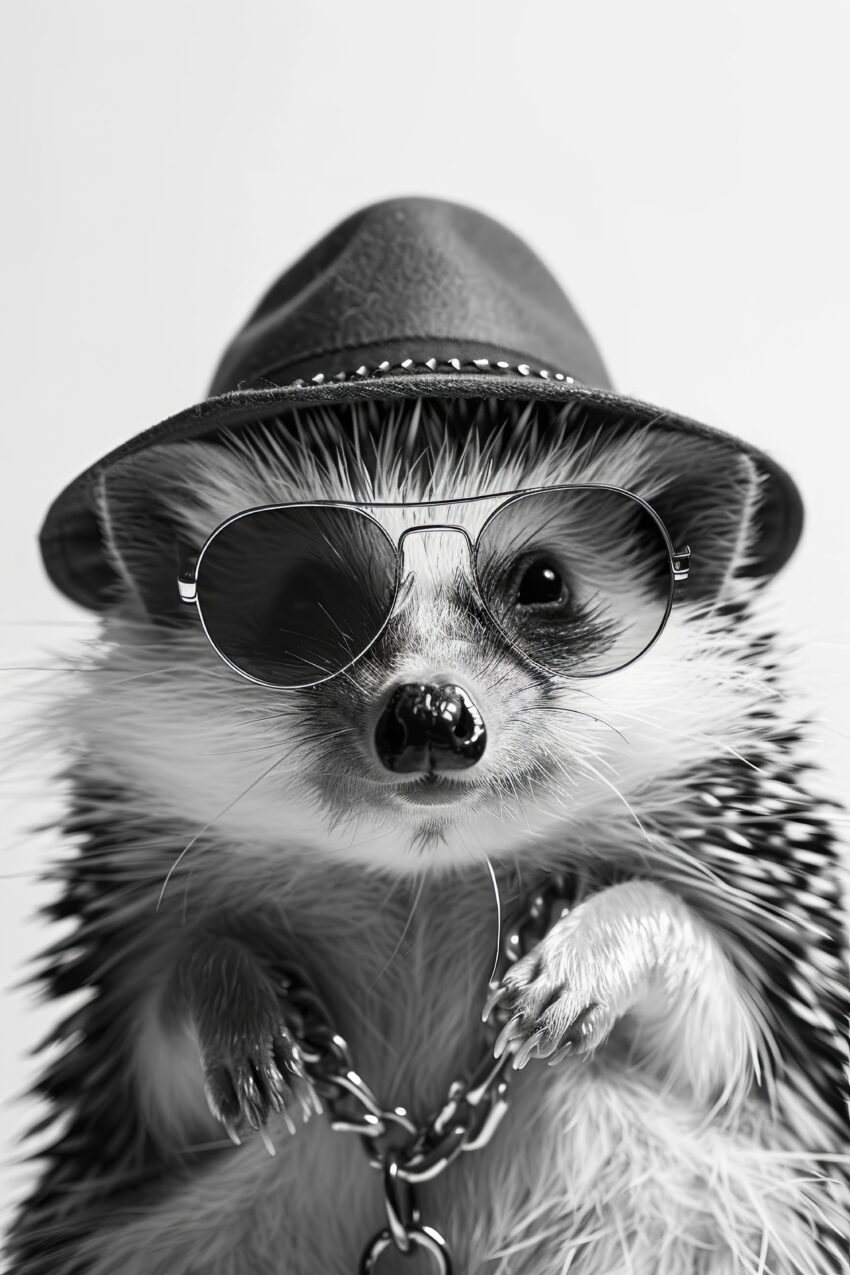 Fotografie Poster Igel Sonnenbrille schwarz-weiß Hut