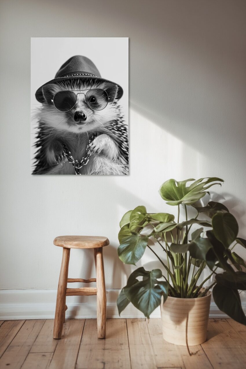 Fotografie Poster Igel Sonnenbrille schwarz-weiß Hut