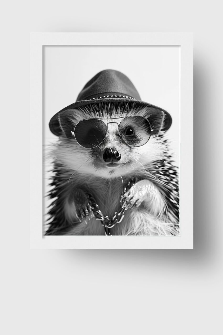 Fotografie Poster Igel Sonnenbrille schwarz-weiß Hut