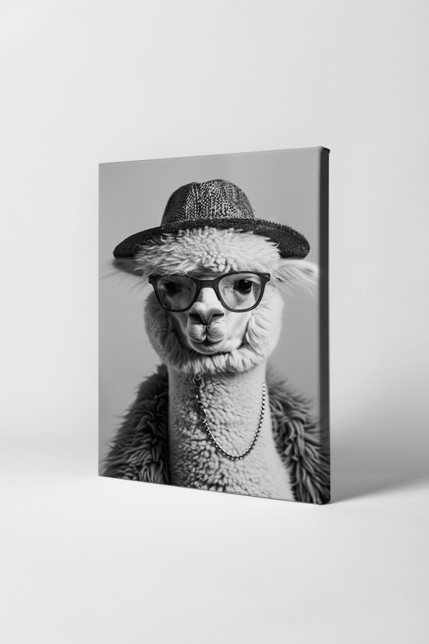 Fotografie Poster Alpaka schwarz-weiß Porträt Hut Brille