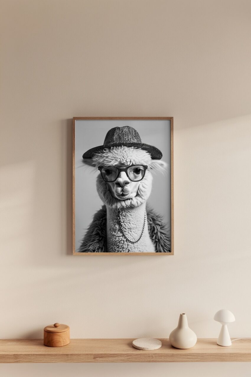 Fotografie Poster Alpaka schwarz-weiß Porträt Hut Brille