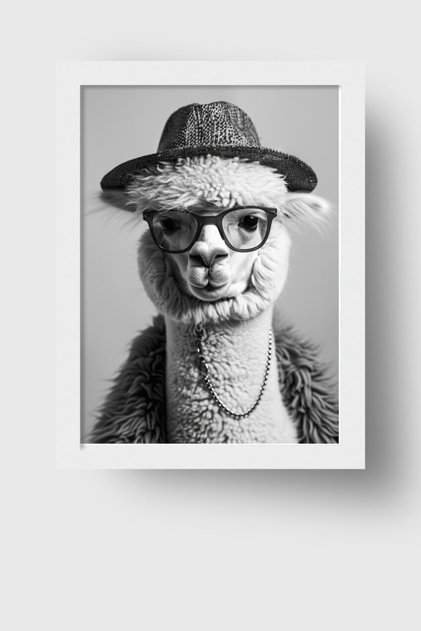 Fotografie Poster Alpaka schwarz-weiß Porträt Hut Brille