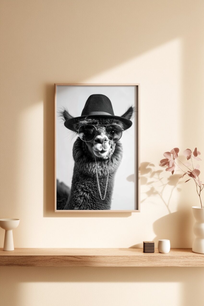 Fotografie Poster Alpaka schwarz-weiß Hut Sonnenbrille