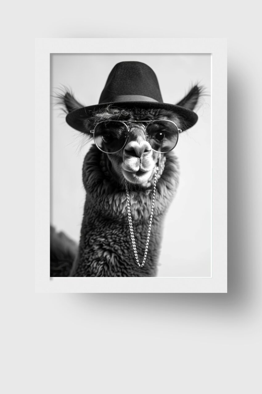 Fotografie Poster Alpaka schwarz-weiß Hut Sonnenbrille