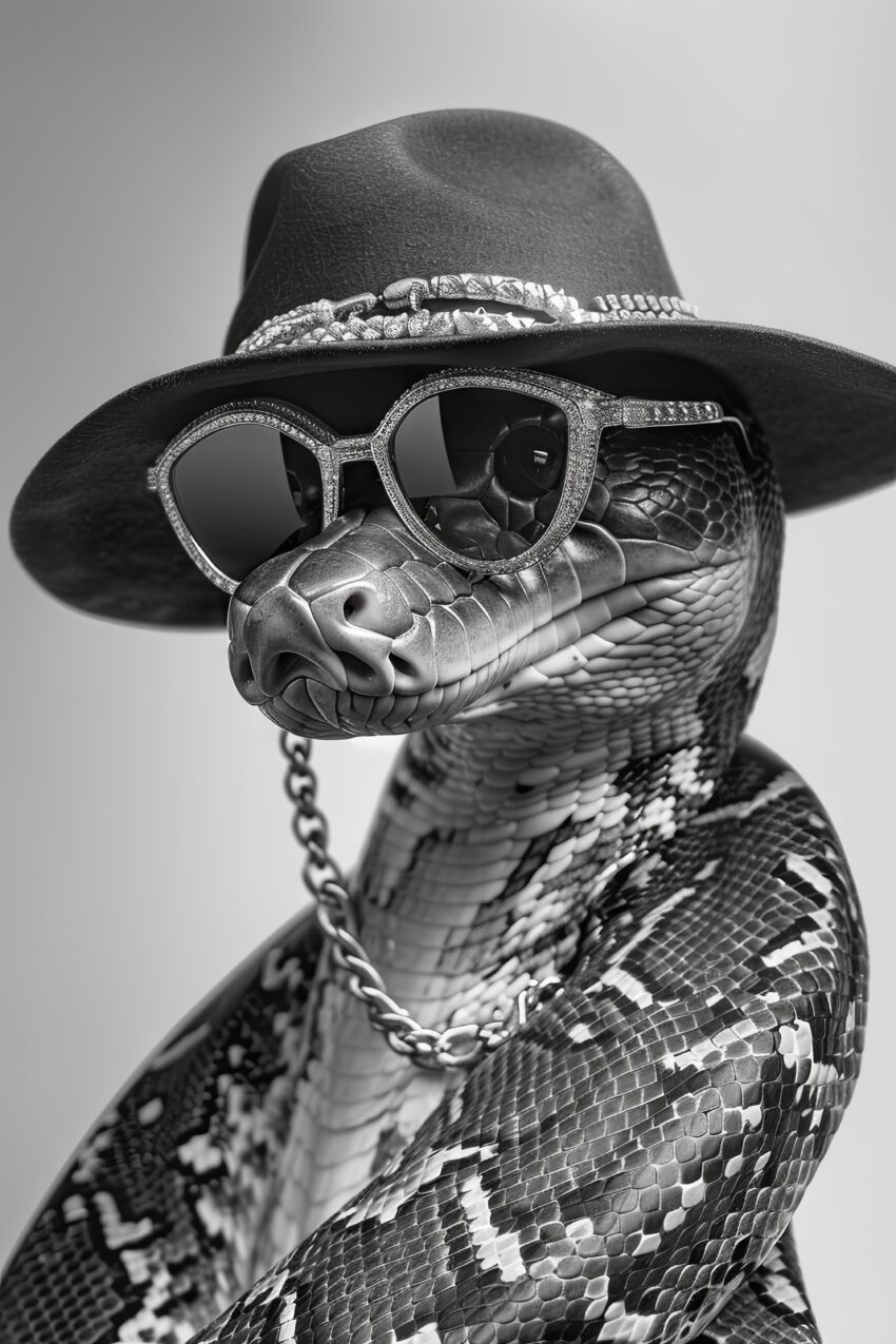 Fotografie Poster Schlange Hut Sonnenbrille Kette schwarz-weiß