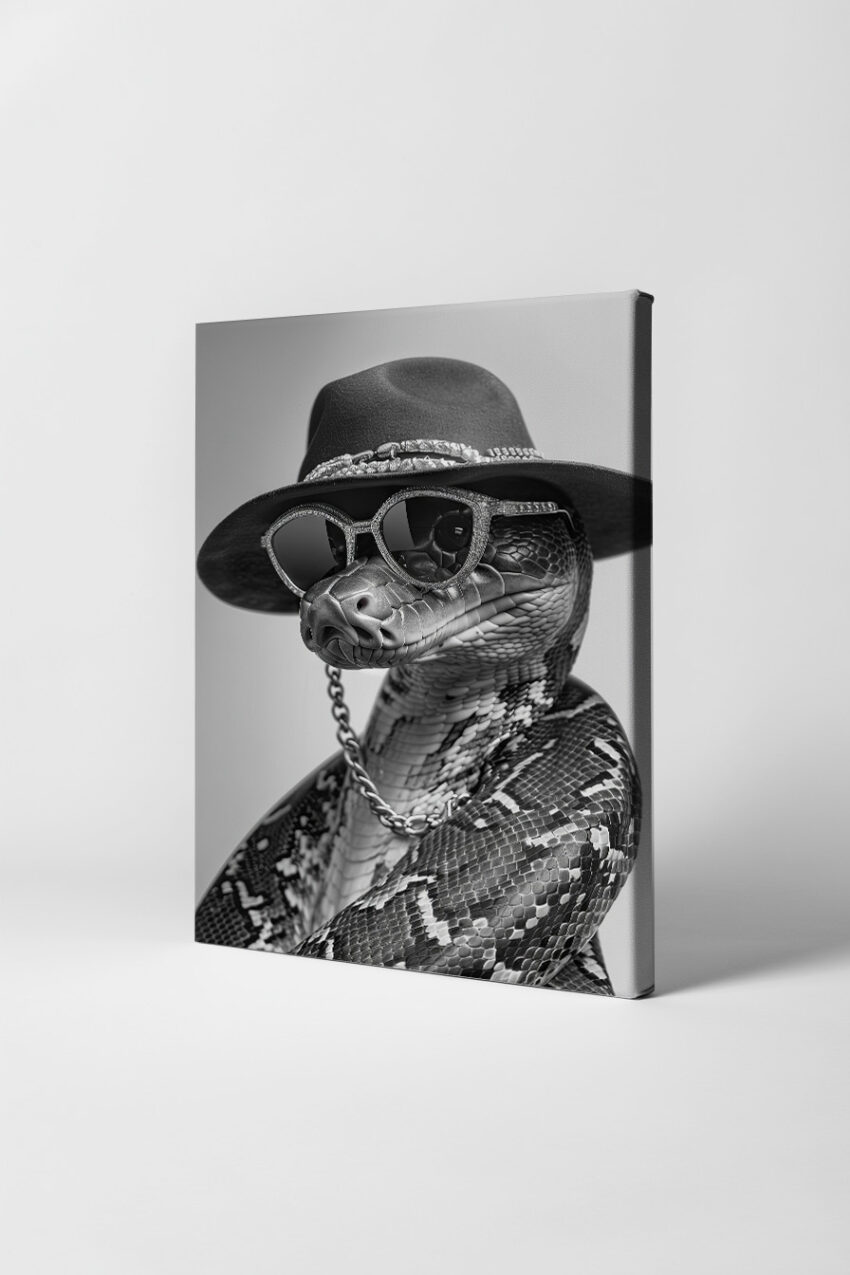 Fotografie Poster Schlange Hut Sonnenbrille Kette schwarz-weiß