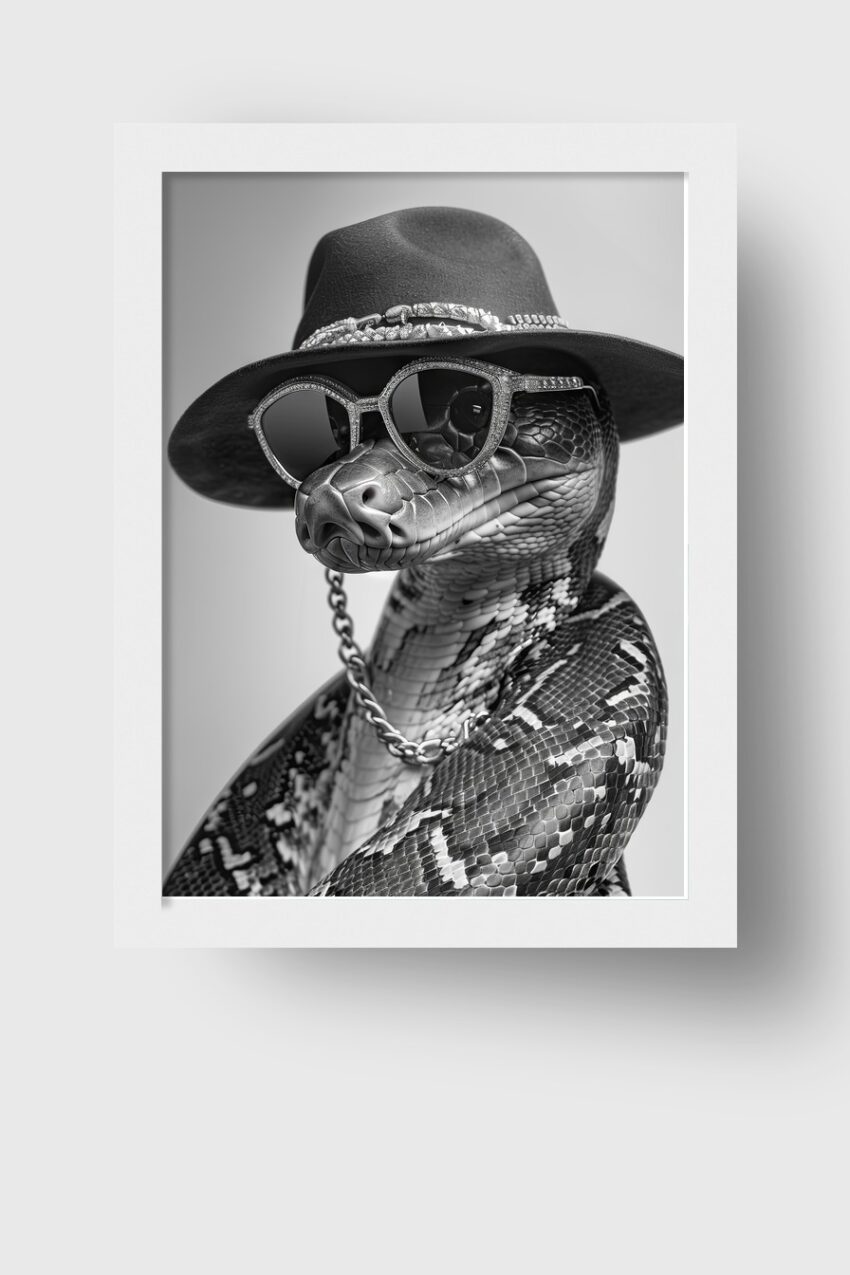 Fotografie Poster Schlange Hut Sonnenbrille Kette schwarz-weiß