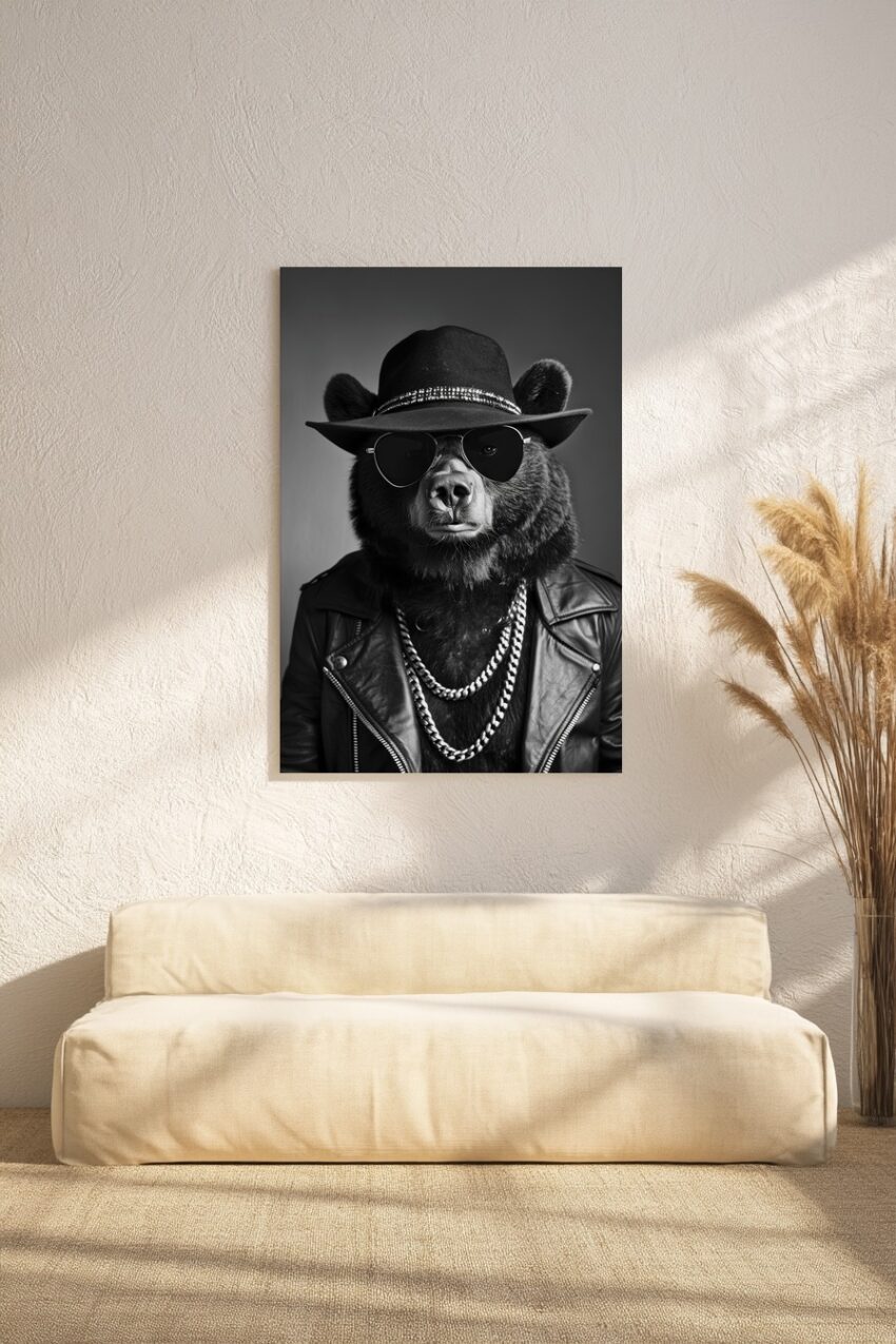 Fotografie Poster Bär mit Hut schwarz-weiß