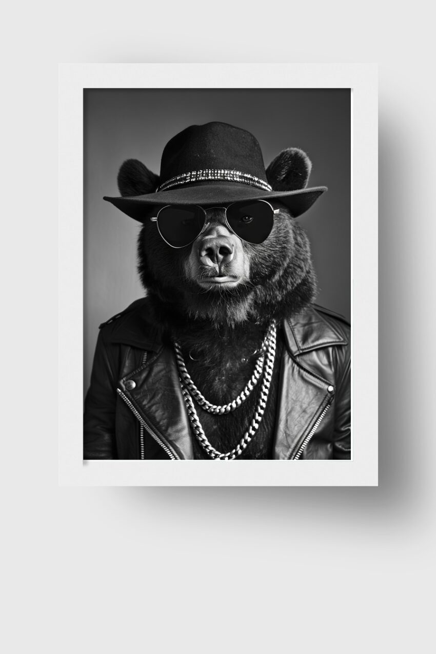 Fotografie Poster Bär mit Hut schwarz-weiß