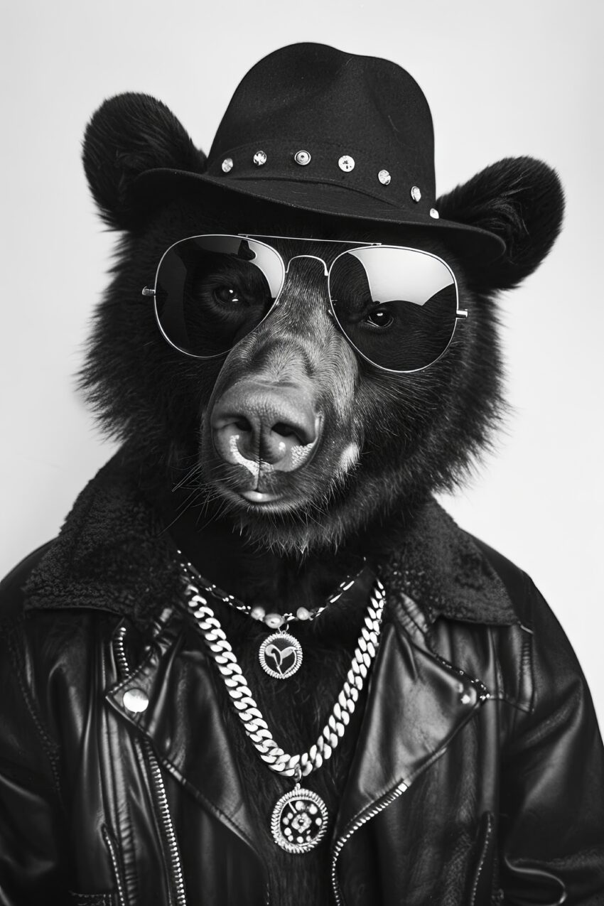 Fotografie Poster Bär mit Hut Sonnenbrille schwarz-weiß