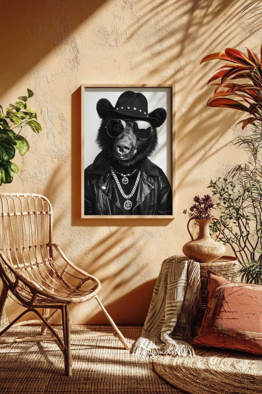 Fotografie Poster Bär mit Hut Sonnenbrille schwarz-weiß