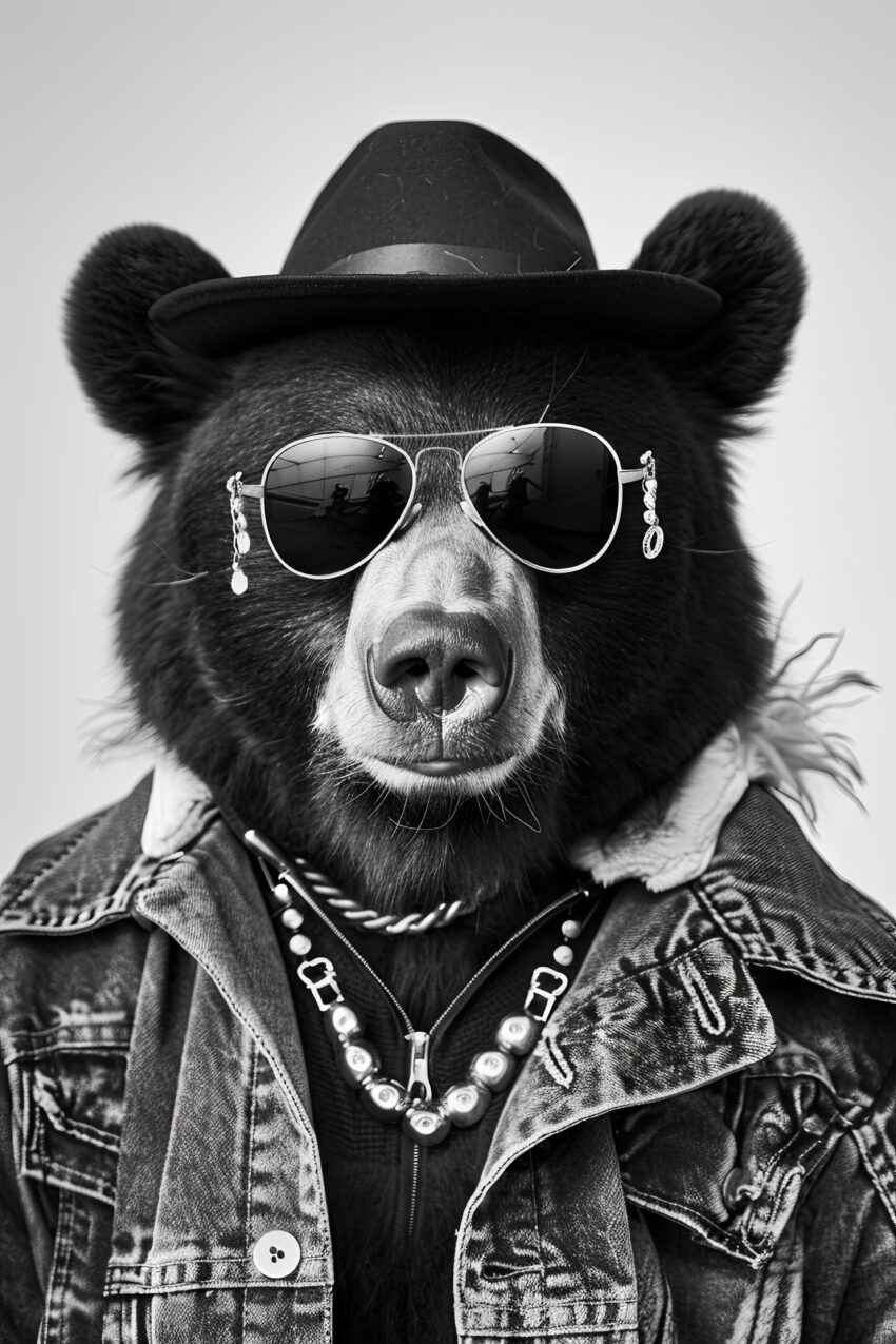 Fotografie Poster Bär Sonnenbrille Hut schwarz-weiß