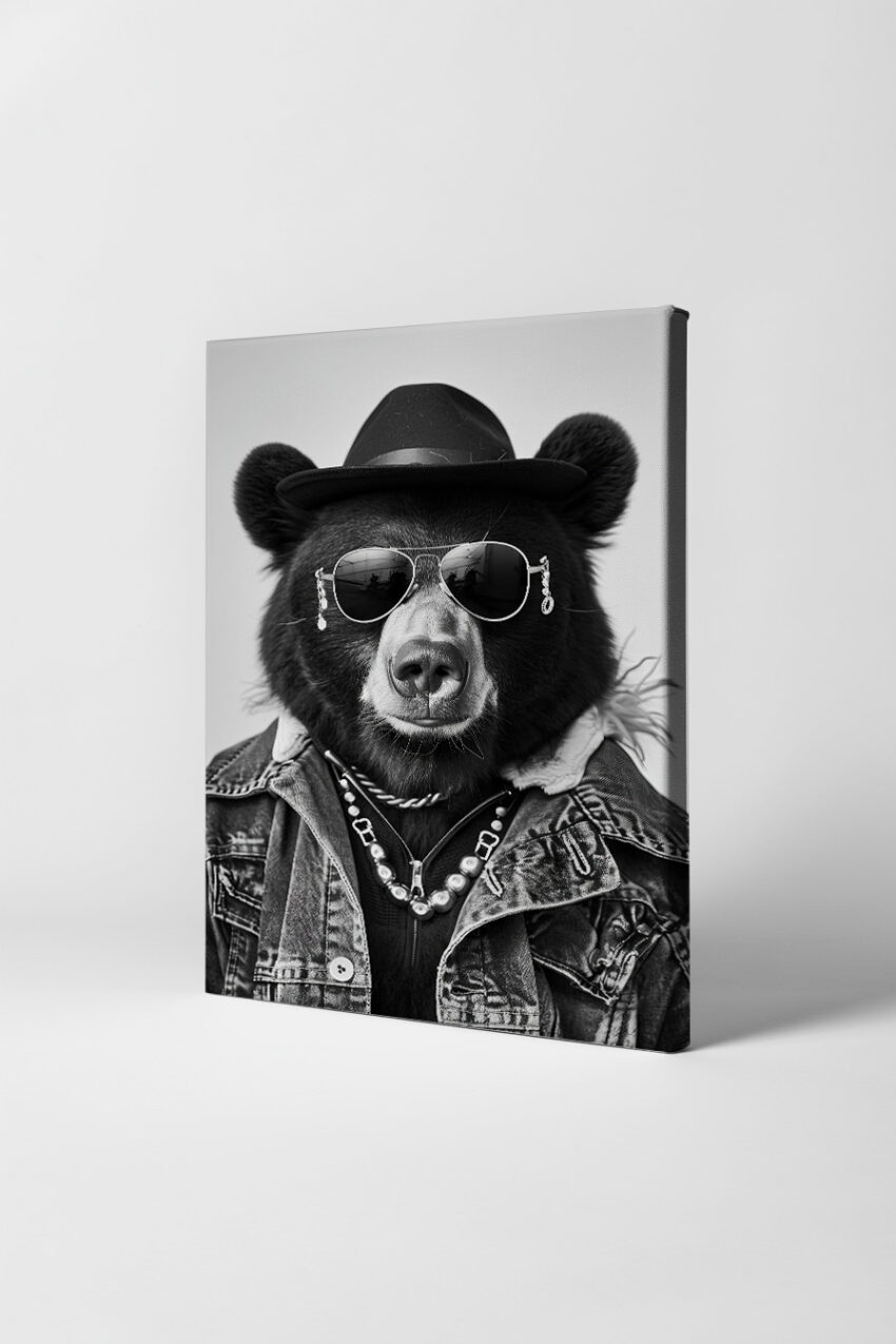 Fotografie Poster Bär Sonnenbrille Hut schwarz-weiß