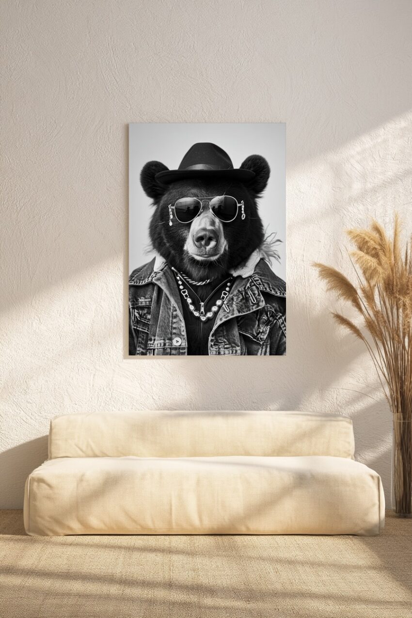 Fotografie Poster Bär Sonnenbrille Hut schwarz-weiß