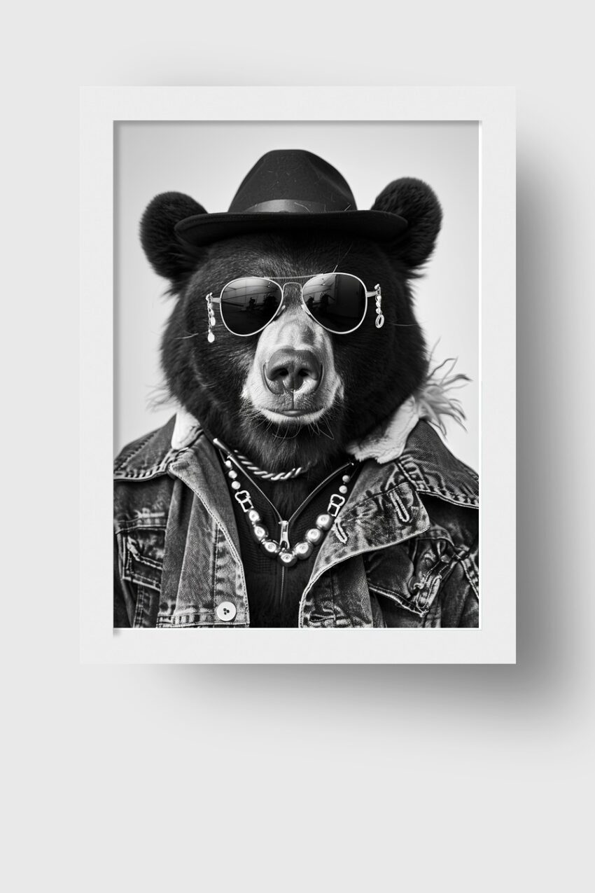 Fotografie Poster Bär Sonnenbrille Hut schwarz-weiß