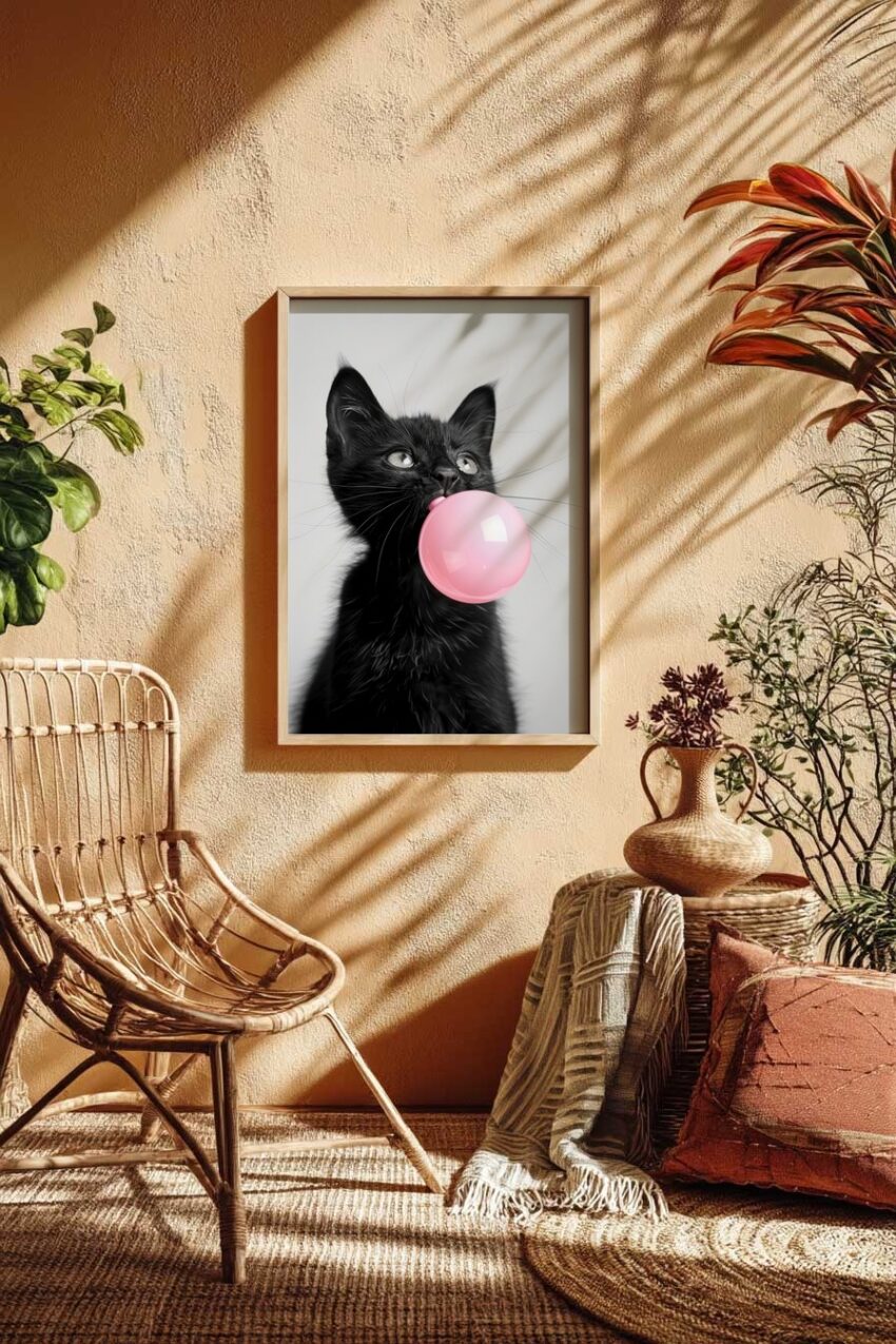 Fotografie Poster Katze schwarze Kaugummiblase rosa