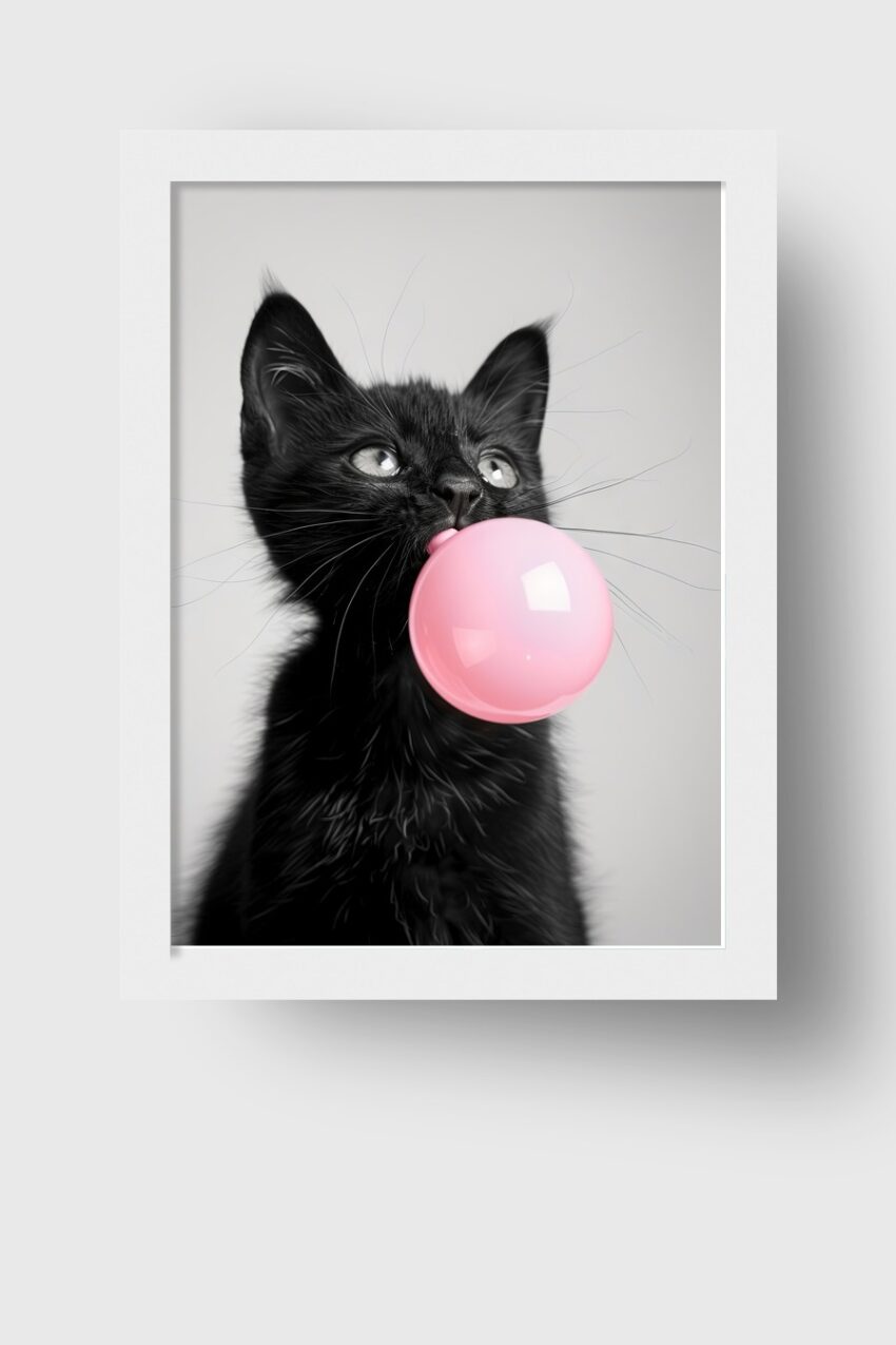 Fotografie Poster Katze schwarze Kaugummiblase rosa