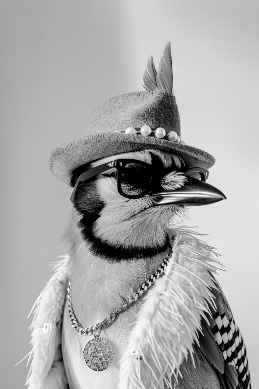 Fotografie Poster Eichelhäher mit Hut schwarz-weiß