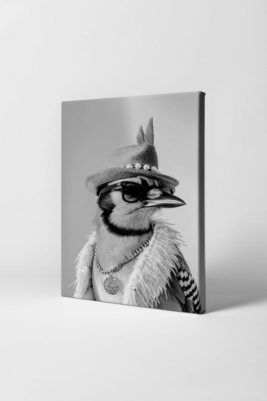 Fotografie Poster Eichelhäher mit Hut schwarz-weiß