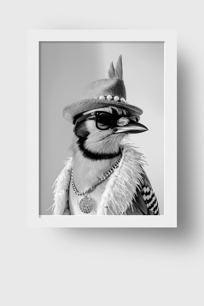 Fotografie Poster Eichelhäher mit Hut schwarz-weiß