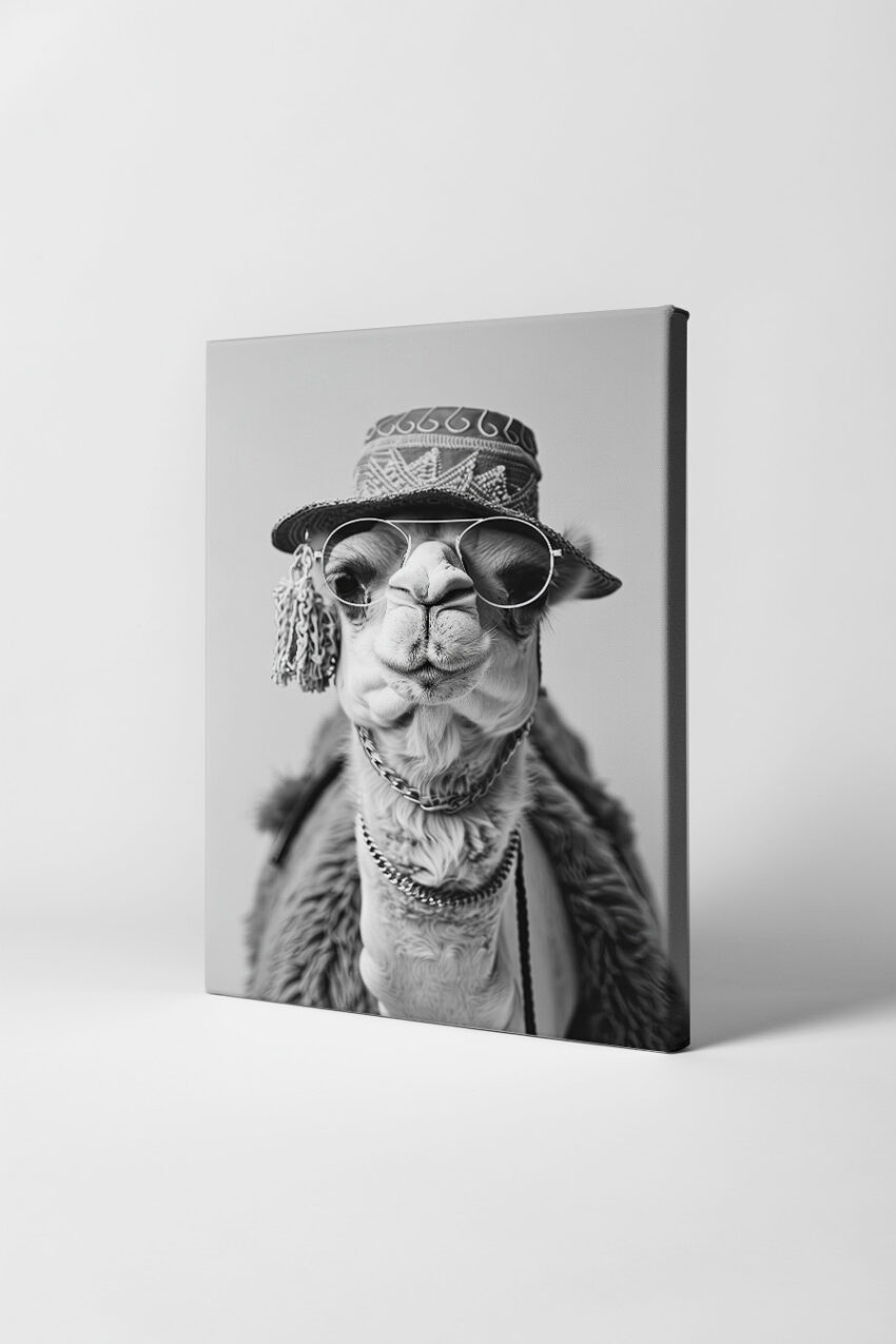 Fotografie Poster Lama mit Hut schwarz-weiß nah