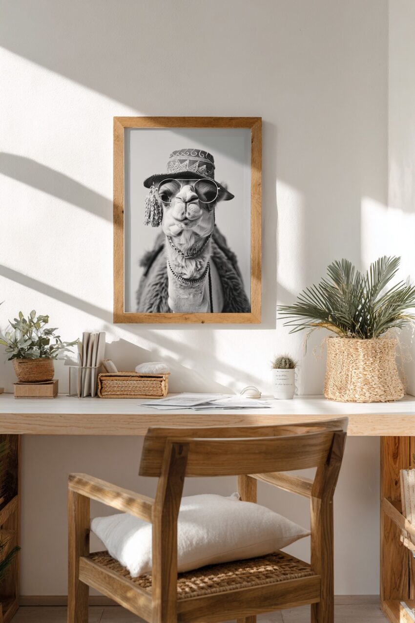 Fotografie Poster Lama mit Hut schwarz-weiß nah