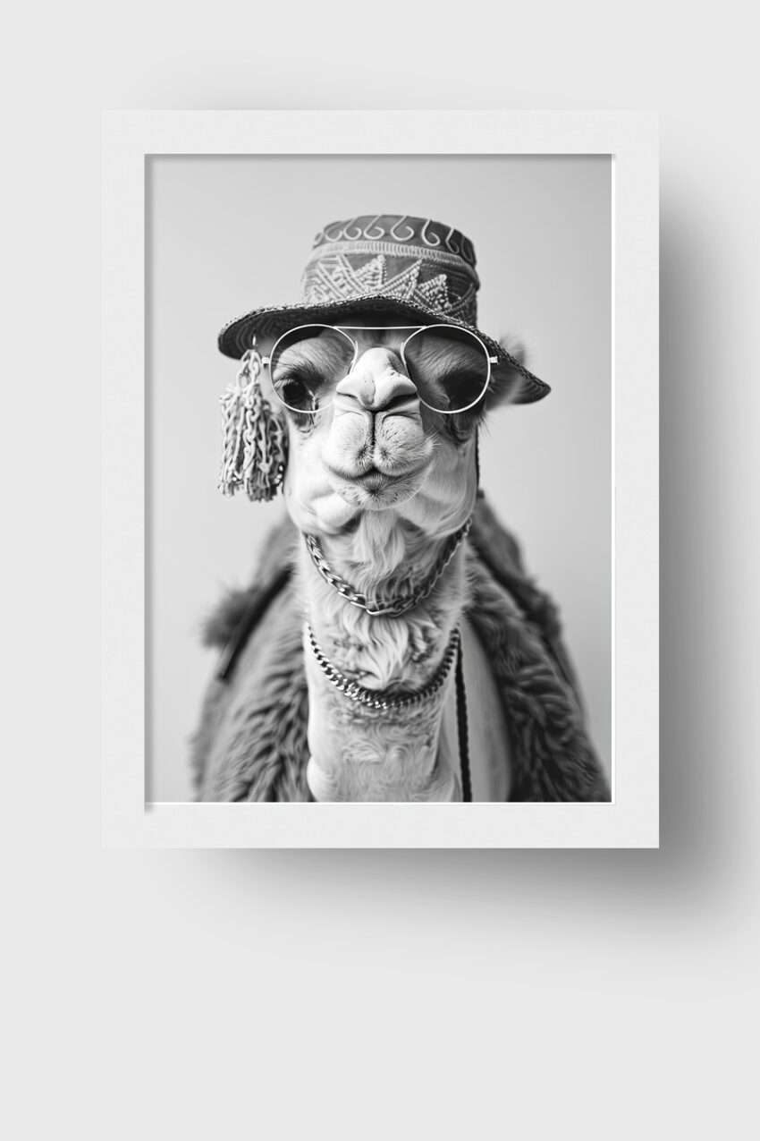 Fotografie Poster Lama mit Hut schwarz-weiß nah