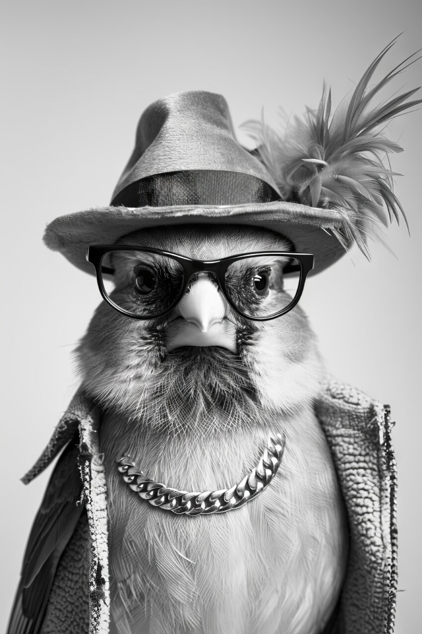 Fotografie Poster Vogel mit Hut schwarz-weiß Detail