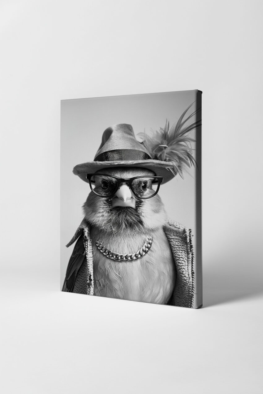 Fotografie Poster Vogel mit Hut schwarz-weiß Detail