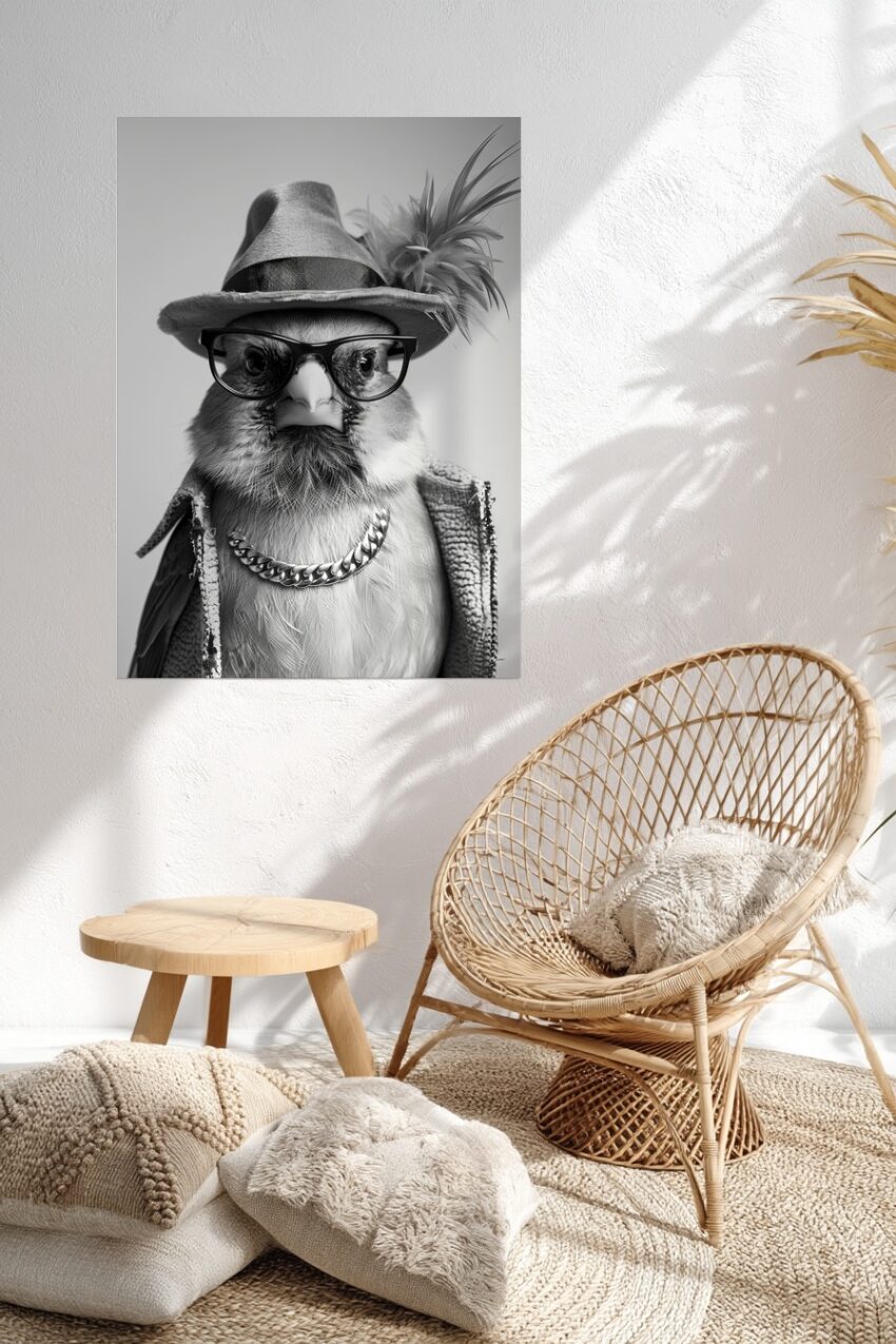 Fotografie Poster Vogel mit Hut schwarz-weiß Detail