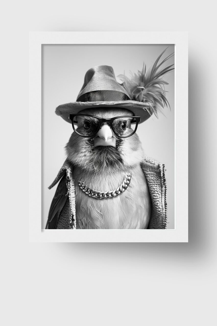 Fotografie Poster Vogel mit Hut schwarz-weiß Detail