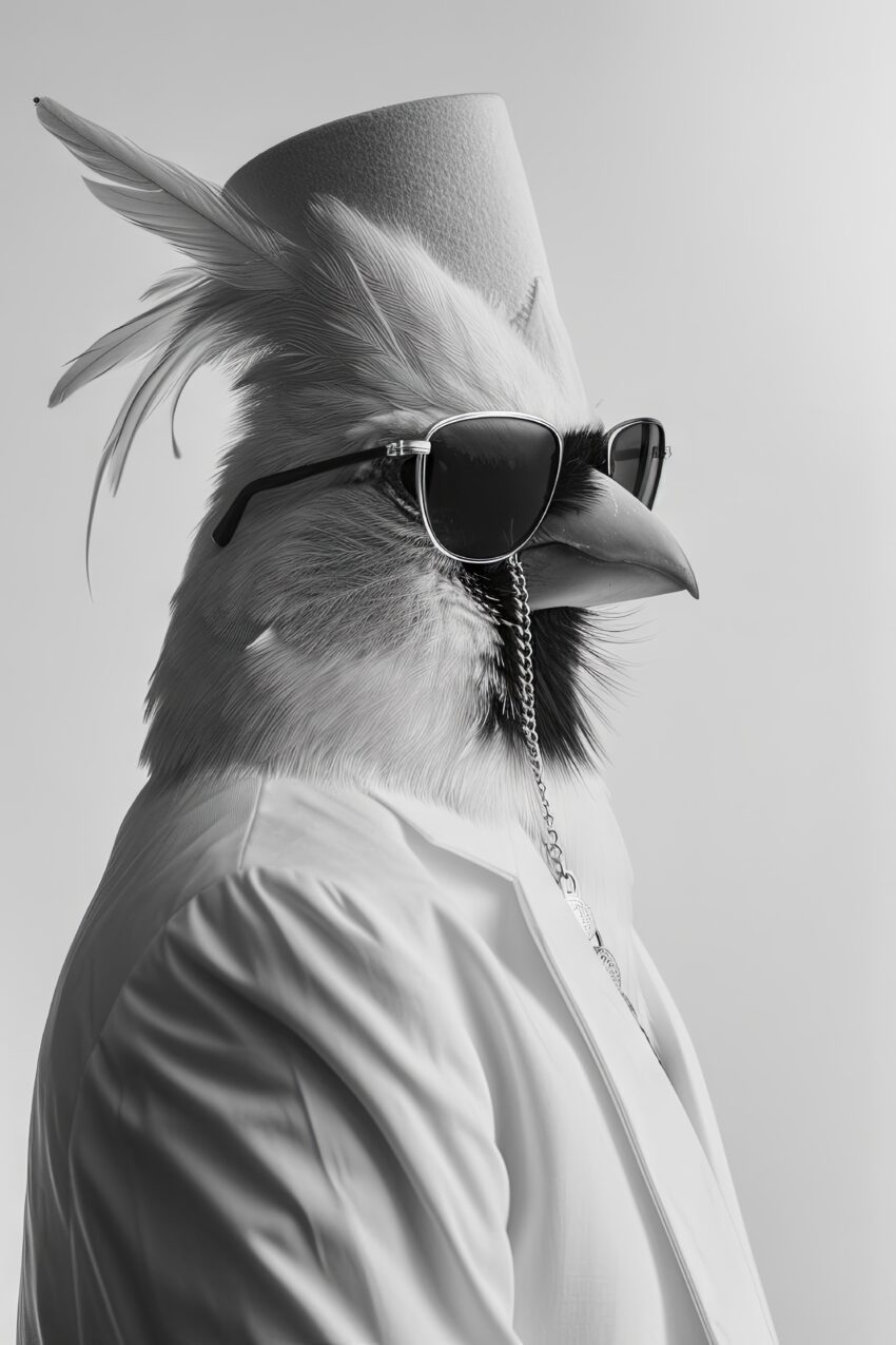 Fotografie Poster Hahn Hut Sonnenbrille schwarz-weiß elegant