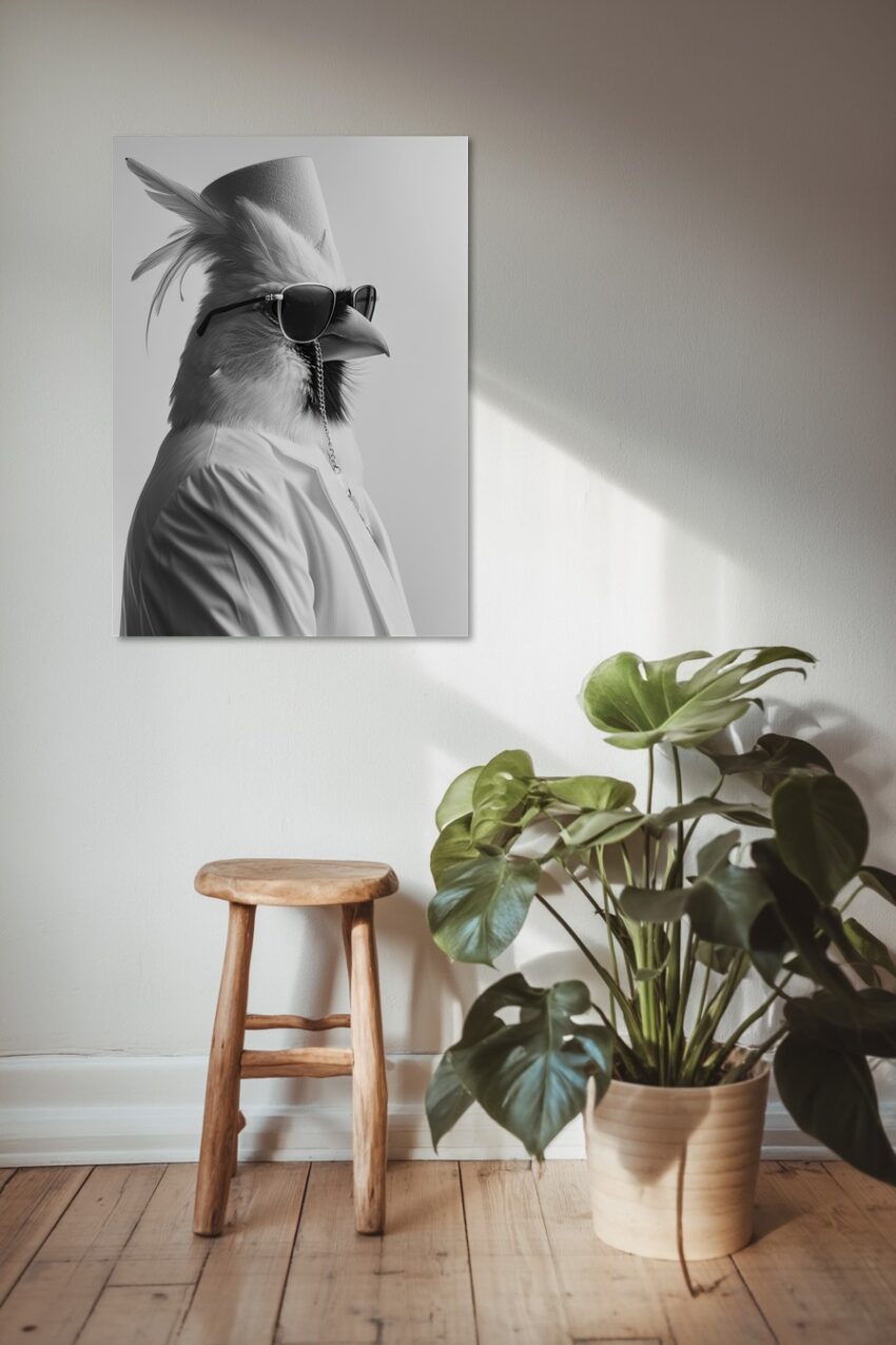 Fotografie Poster Hahn Hut Sonnenbrille schwarz-weiß elegant