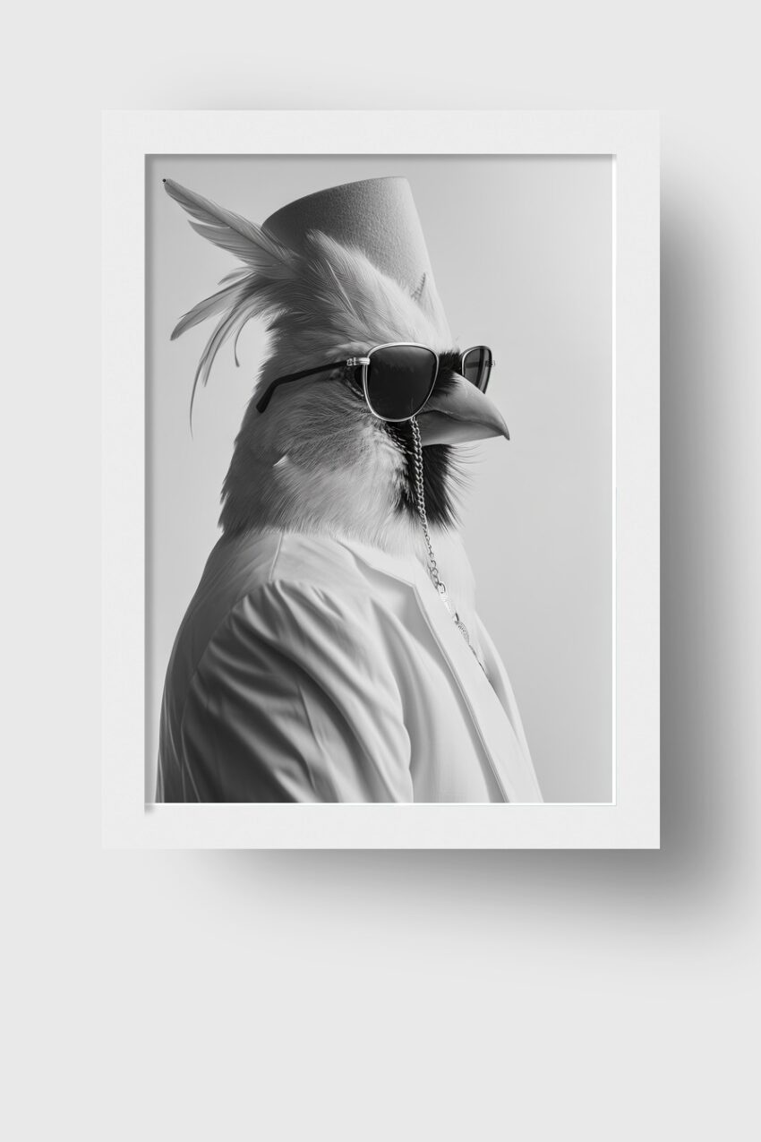 Fotografie Poster Hahn Hut Sonnenbrille schwarz-weiß elegant