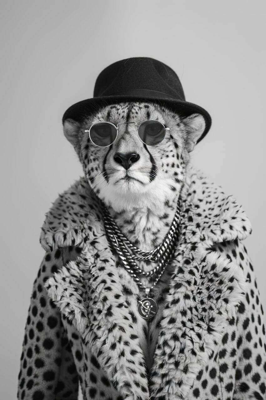 Fotografie Poster Gepard Hut schwarz-weiß Accessoire