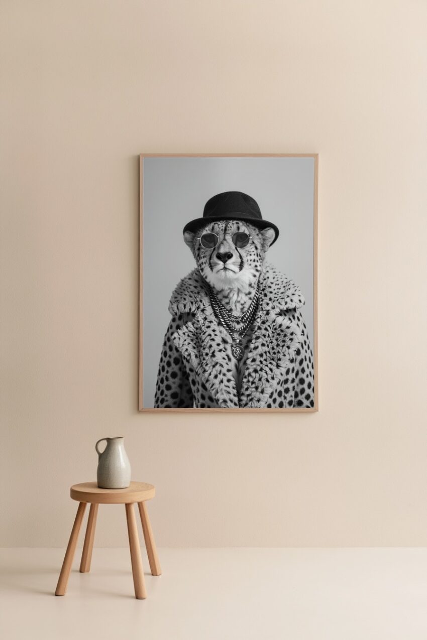 Fotografie Poster Gepard Hut schwarz-weiß Accessoire