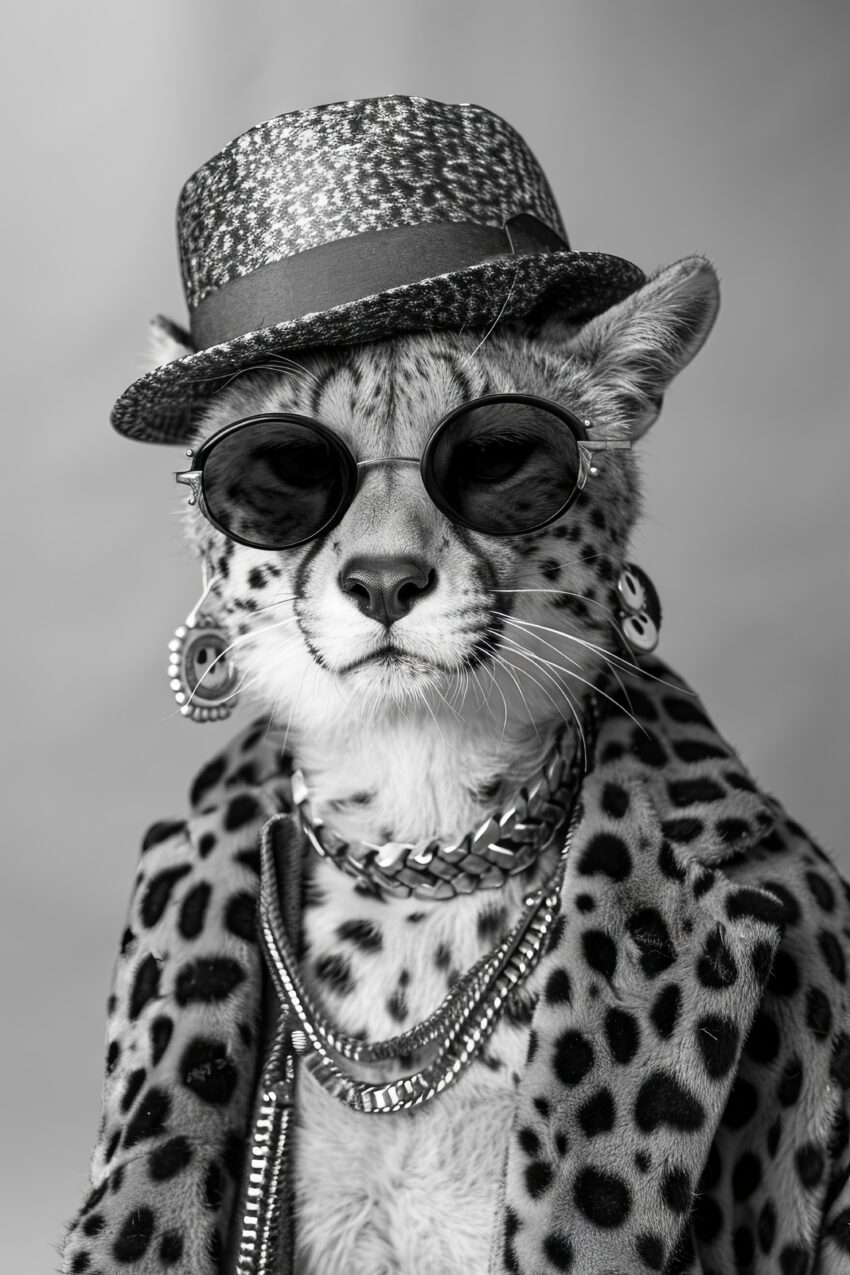 Fotografie Poster Gepard mit Hut schwarz-weiß