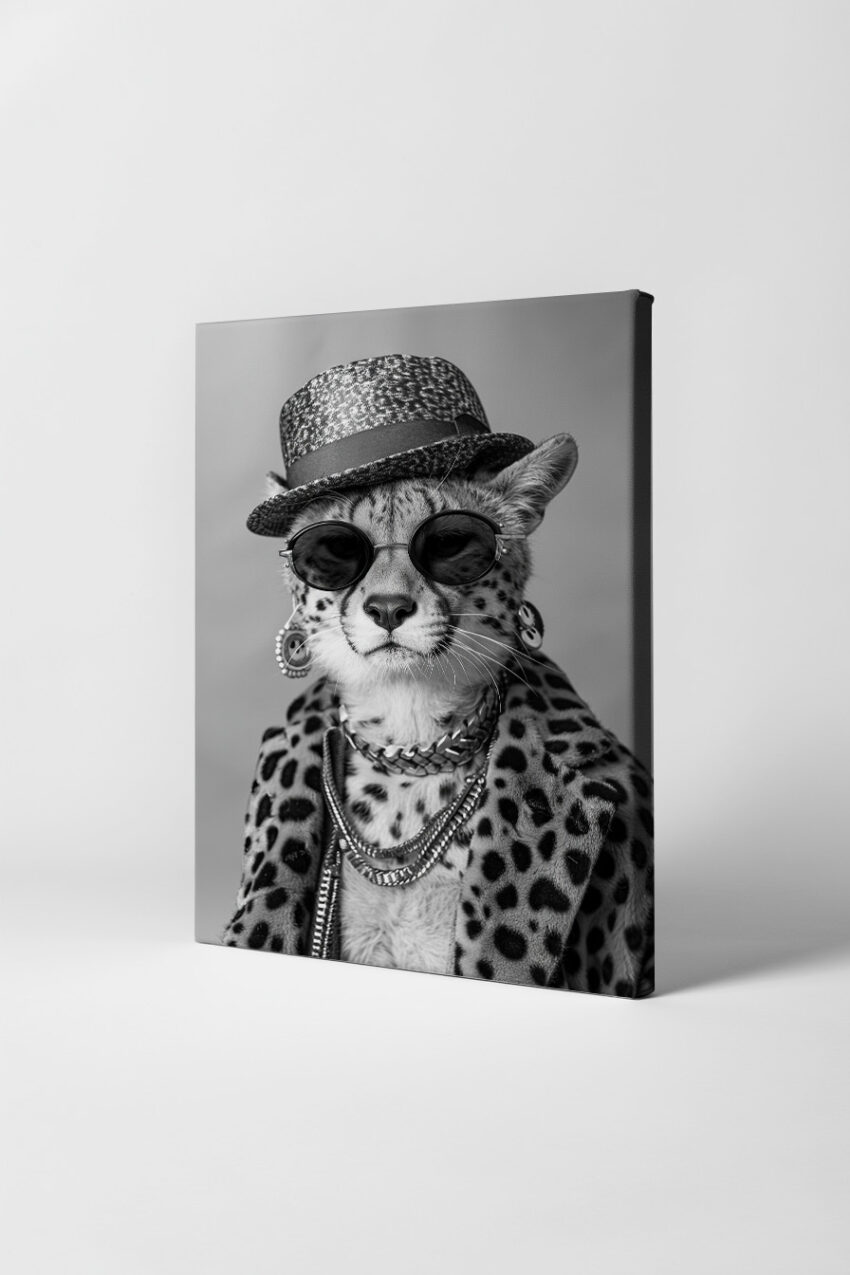 Fotografie Poster Gepard mit Hut schwarz-weiß