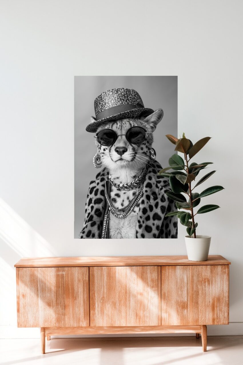 Fotografie Poster Gepard mit Hut schwarz-weiß