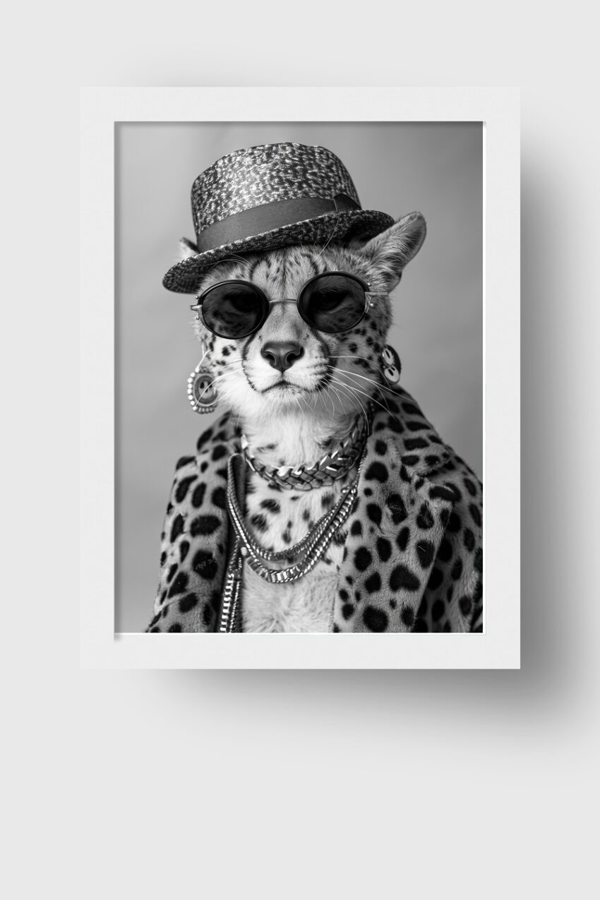 Fotografie Poster Gepard mit Hut schwarz-weiß