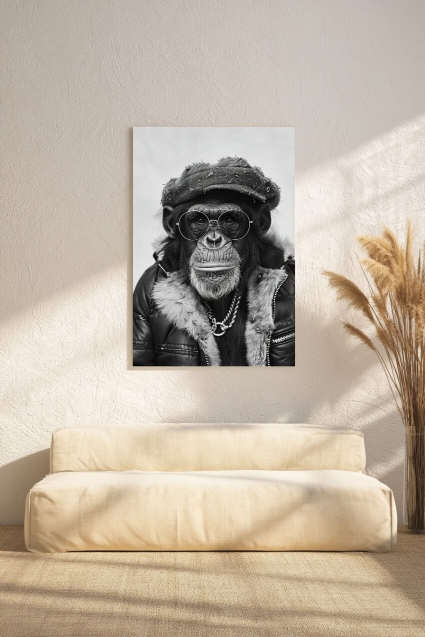 Fotografie Poster Schimpanse mit Brille schwarz-weiß