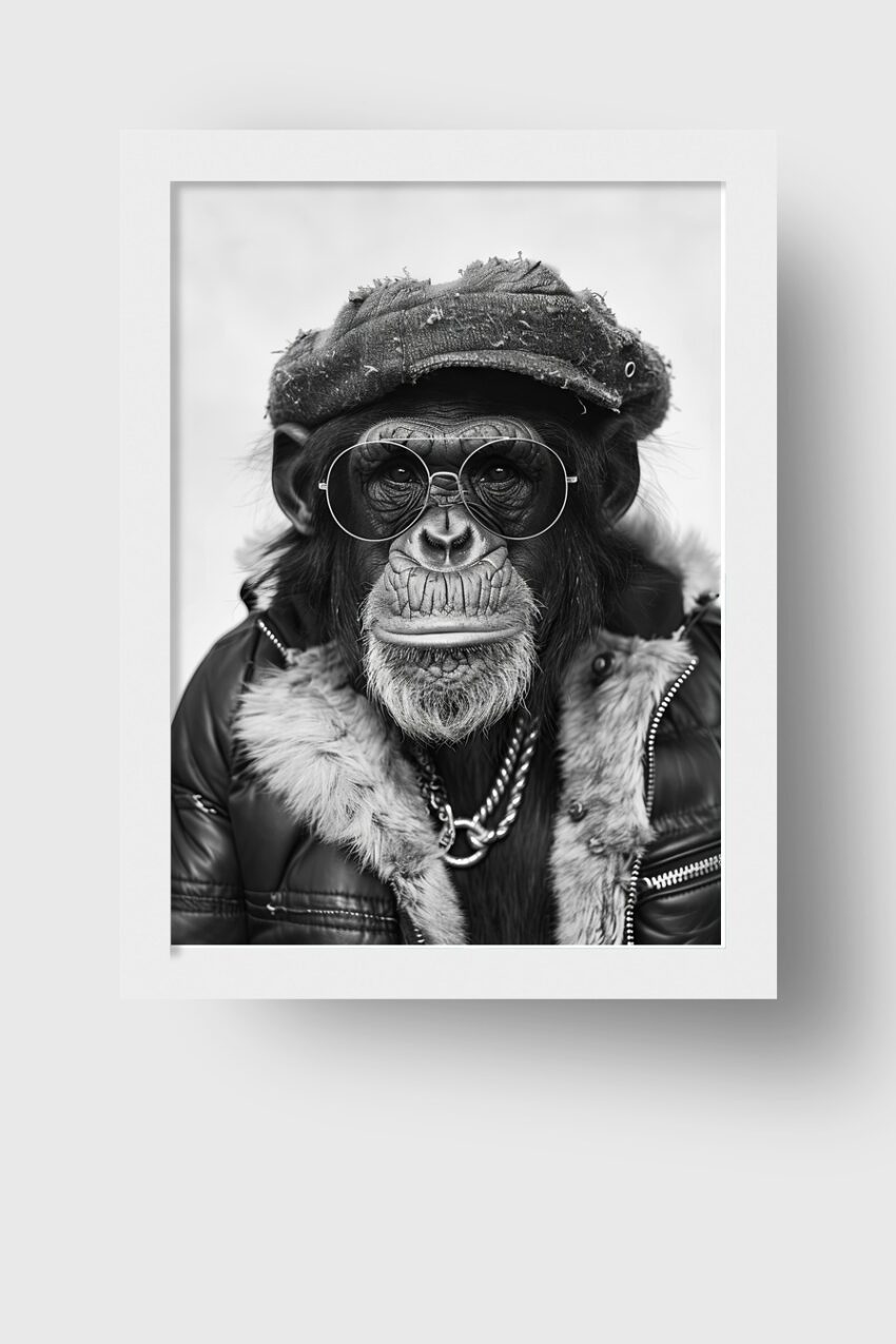 Fotografie Poster Schimpanse mit Brille schwarz-weiß