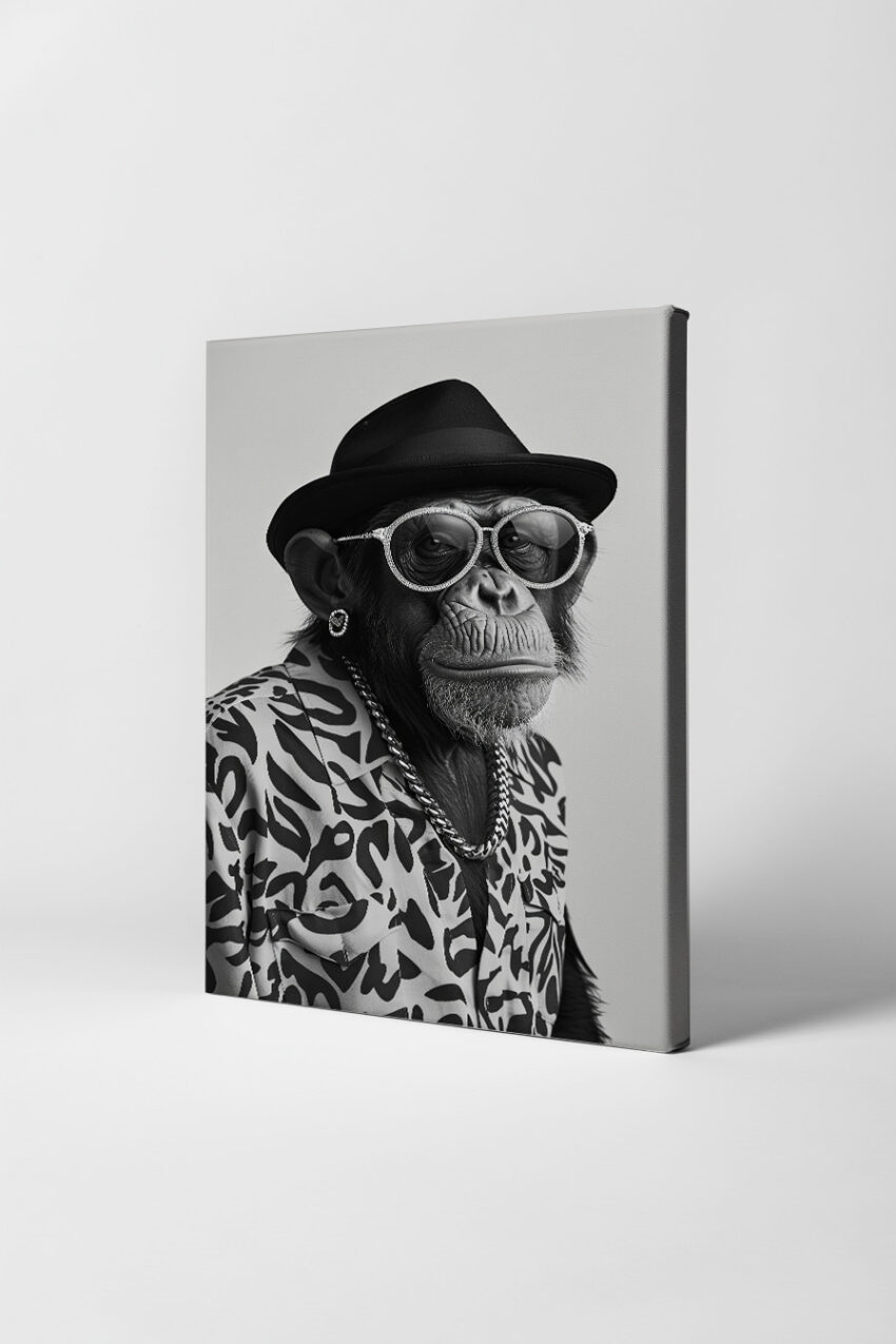 Fotografie Poster Schimpanse mit Hut schwarz-weiß