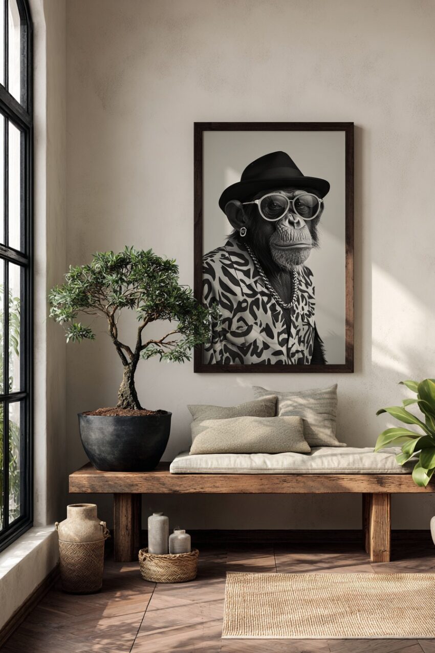 Fotografie Poster Schimpanse mit Hut schwarz-weiß