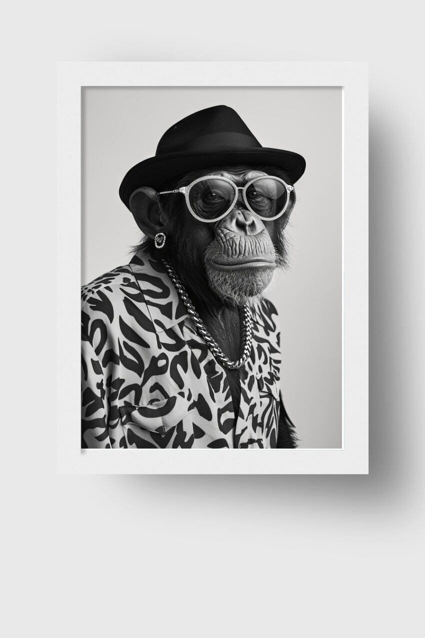 Fotografie Poster Schimpanse mit Hut schwarz-weiß