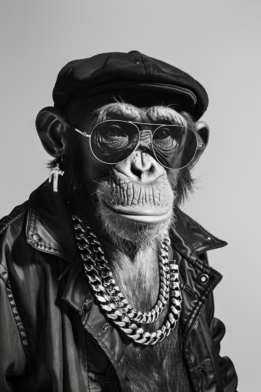Fotografie Poster Schimpanse Lederjacke Brille schwarz-weiß