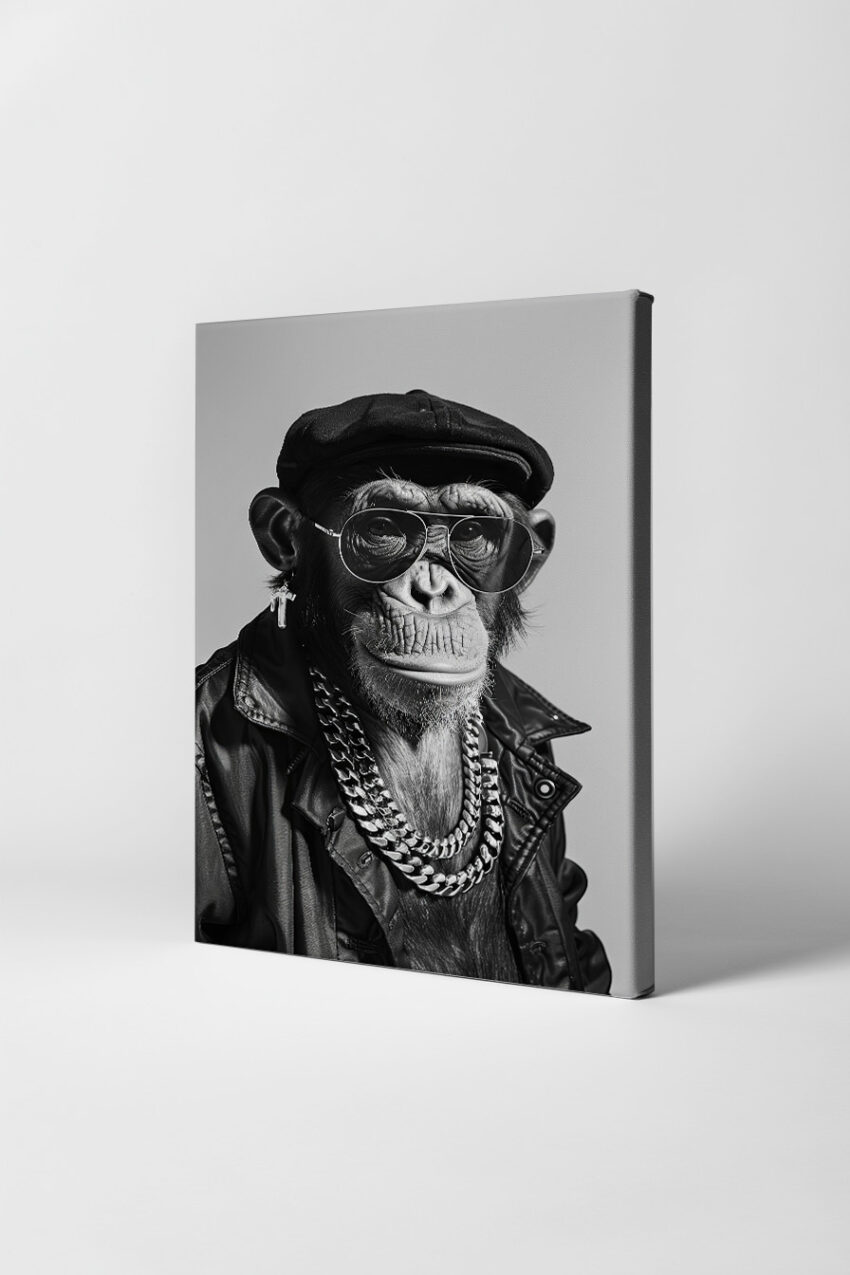 Fotografie Poster Schimpanse Lederjacke Brille schwarz-weiß